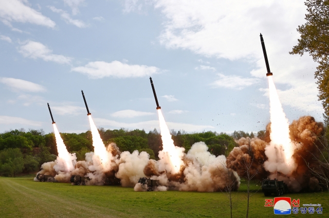 A tactical drill simulating a nuclear counterattack by North Korean super-large multiple rocket units is under way under the inspection of North Korean leader Kim Jong-un on April 22, 2024. (KCNA)