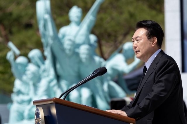 President Yoon Suk Yeol speaks during a ceremony marking the 44th anniversary of the Gwangju Democratization Movement in Gwangju, 267 kilometers south of Seoul, on Friday. (Yonhap)