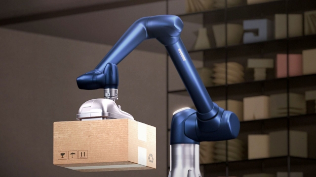 Rendered image of Doosan Robotics’ new P-Series collaborative robot gripping a cardboard box for palletizing tasks (Doosan Robotics)