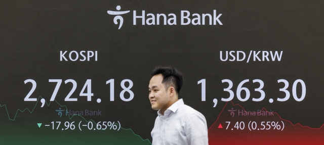 An electronic board showing the Korea Composite Stock Price Index at a dealing room of the Hana Bank headquarters in Seoul on Tuesday. (Yonhap)