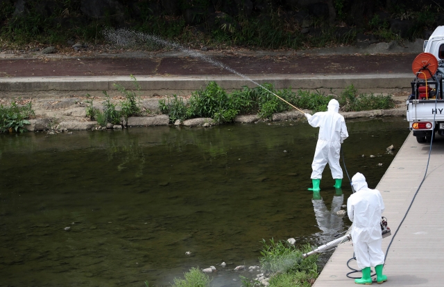 Quarantine officials from the Gwangju Bukgu Health Center conduct an emergency mosquito control response in the southwestern city of Gwangju on Monday. (Gwangju Bukgu District Office)