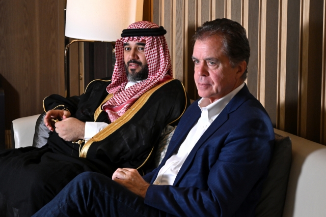 Prince Faisal bin Bandar bin Sultan Al Saud (left), chairman of the Saudi Esports Federation, and Brian Ward, CEO of Savvy Games Group, speak in an interview with The Korea Herald in Seoul on Wednesday. (Im Se-jun/The Korea Herald)