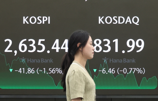 An electronic board showing the Korea Composite Stock Price Index at a dealing room of the Hana Bank headquarters in Seoul on Thursday. (Yonhap)