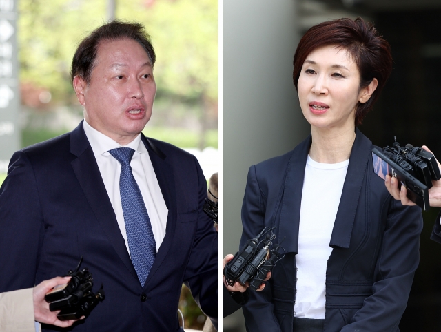 SK Group Chairman Chey Tae-won (left) and his estranged wife Roh So-yeong (Yonhap)