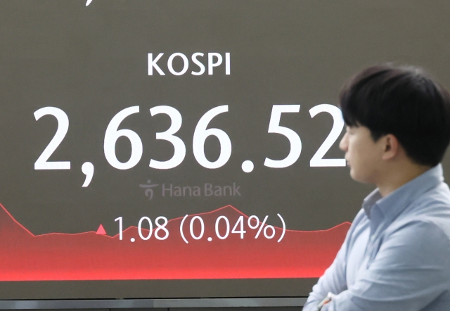 An electronic board showing the Korea Composite Stock Price Index at a dealing room of the Hana Bank headquarters in Seoul on Friday. (Yonhap)