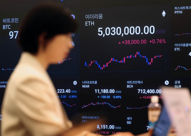 Ethereum's price is displayed on the trading board of Upbit, a local crypto exchange, Seoul on May 21. (Newsis)