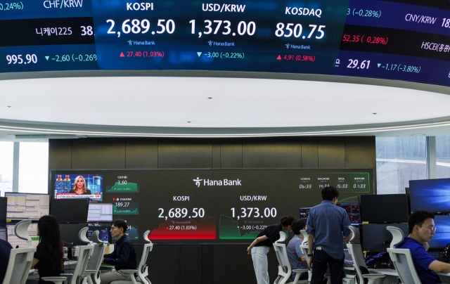 An electronic board showing the Korea Composite Stock Price Index at a dealing room of the Hana Bank headquarters in Seoul on Wednesday. (Yonhap)