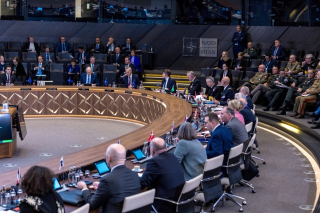 Delegates attend the Meeting of the North Atlantic Council with Indo-Pacific Partners on the second day of the NATO Foreign Affairs Ministers' meeting at the NATO headquarters on Apr. 4 in Brussels, Belgium. (Getty Images)