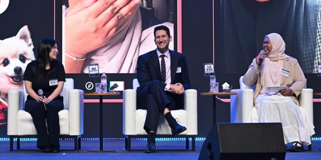 From right: TikTok influencers Nura Ezzatie, Chambo and Liry Onni take part in a talk show during the Innovate Korea forum held at KAIST Lyu Keun-chul Sports Complex in Daejeon on Wednesday. (Lee Sang-sub/The Korea Herald)