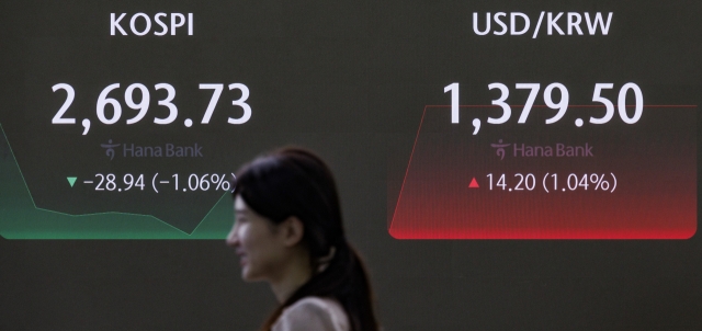 An electronic board showing the Korea Composite Stock Price Index at a dealing room of the Hana Bank headquarters in Seoul on Monday. (Yonhap)