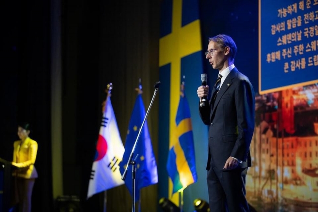 Johannes Andreasson, Charge d’affaires of the Swedish Embassy delivers remarks at Sweden Day at Grand Hyatt in Yongsan-gu, Seoul on Wednesday.(Embasy of Sweden in Seoul)