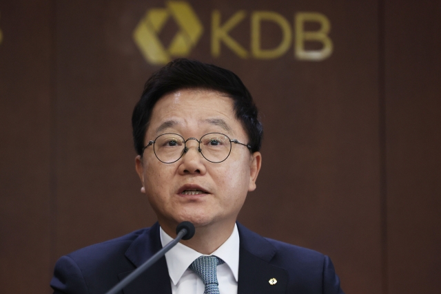 KDB Chairman Kang Seog-hoon speaks during his second-anniversary press conference held at the bank's headquarters in Yeouido, Seoul, on Tuesday. (Yonhap)