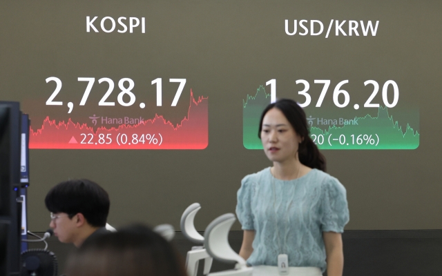 An electronic board showing the Korea Composite Stock Price Index at a dealing room of the Hana Bank headquarters in Seoul on Wednesday. (Yonhap)