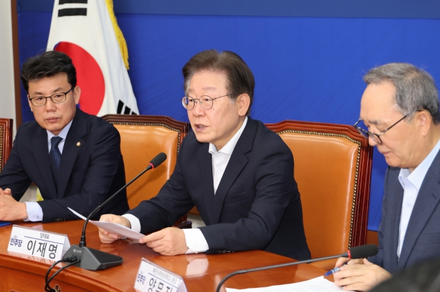 Democratic Party of Korea chair Rep. Lee Jae-myung speaks at a party task force meeting on Tuesday. (Yonhap)