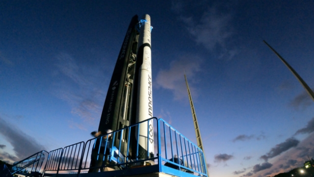 Innospace's suborbital test launch vehicle Hanbit-TLV is erected on the launch pad at the Alcantara Space Center in northern Brazil ahead of its launch in March 2023. (Innospace)