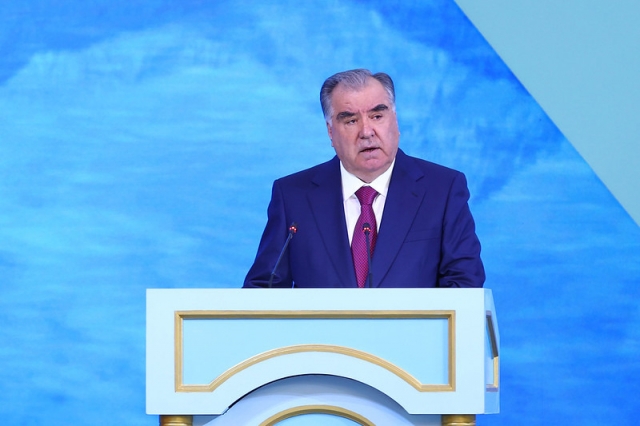 Tajikistan's President Emomali Rahmon speaks at the opening session of the 3rd International Conference on the International Decade of Action.(Sanjay Kumar/The Korea Herald)