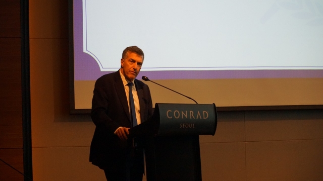 Amb. Akiva Tor, Israeli ambassador to South Korea, speaks at the opening ceremony of the Israel Education Research Center held at Conrad Seoul on Tuesday. (courtesy of the Israeli embassy in South Korea)