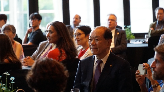 Hwang Woo-yea, the interim chair of the South Korean ruling People Power Party, (center) attends the opening ceremony of the Israel research center on Tuesday. (courtesy of the Israeli embassy in South Korea)