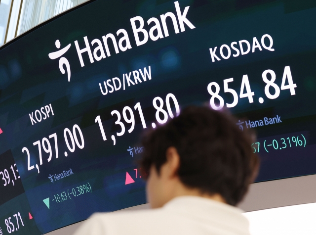 An electronic board showing the Korea Composite Stock Price Index at a dealing room of the Hana Bank headquarters in Seoul on Friday. (Yonhap)