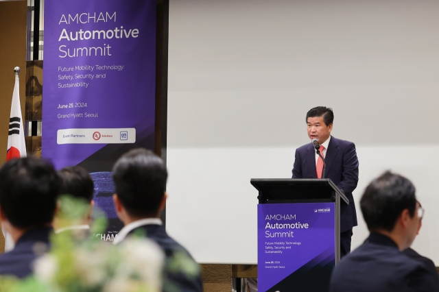 AmCham Chairman and CEO James Kim delivers his opening remarks during the AmCham Automotive Summit 2024, held at the Grand Hyatt Seoul, Tuesday. (AmCham)