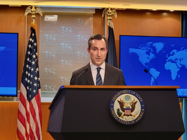 This photo, taken on Jun. 6, shows Matthew Miller, the spokesperson for the State Department, speaking during a press briefing at the department in Washington. (Yonhap)