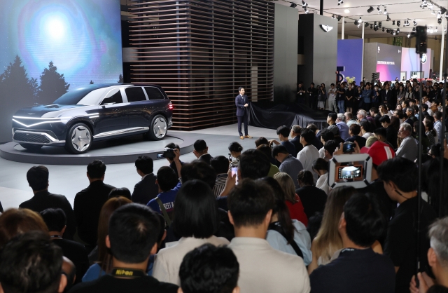 Genesis presents its first full-size electric sports utility vehicle, the Neolun, for the first time in Asia at the 2024 Busan International Mobility Show, held at Bexco on Thursday. (Yonhap)