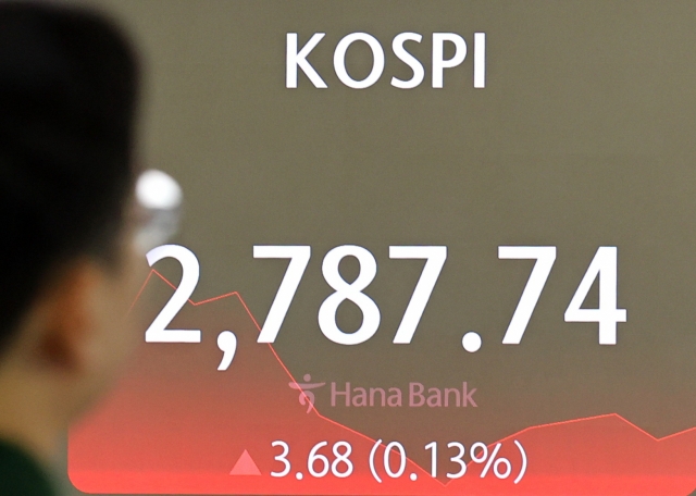 An electronic board showing the Korea Composite Stock Price Index at a dealing room of the Hana Bank headquarters in Seoul on Friday. (Yonhap)