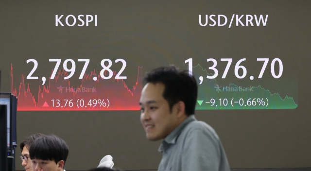 An electronic board showing the Korea Composite Stock Price Index at a dealing room of the Hana Bank headquarters in Seoul on Friday. (Yonhap)