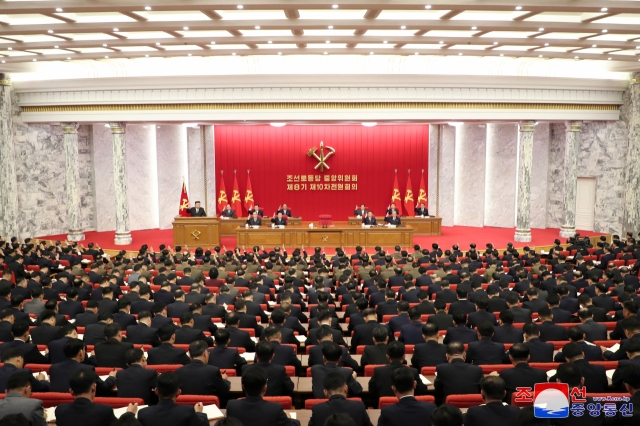 This photo, carried by North Korea's official Korean Central News Agency on Saturday, shows the North holding the 10th enlarged plenary meeting of the 8th Central Committee of the ruling Workers' Party of Korea the previous day. (Yonhap)