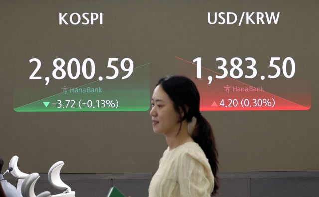 An electronic board showing the Korea Composite Stock Price Index at a dealing room of the Hana Bank headquarters in Seoul on Tuesday. (Yonhap)