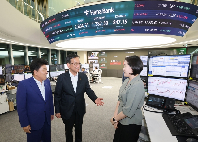 Hana Financial Group Chairman Ham Young-joo (left) and Finance Minister Choi Sang-mok (center) visit Hana Bank's foreign exchange trading room in Seoul on Monday night, the first day of the nation's extended forex trading hours. (Hana Bank)