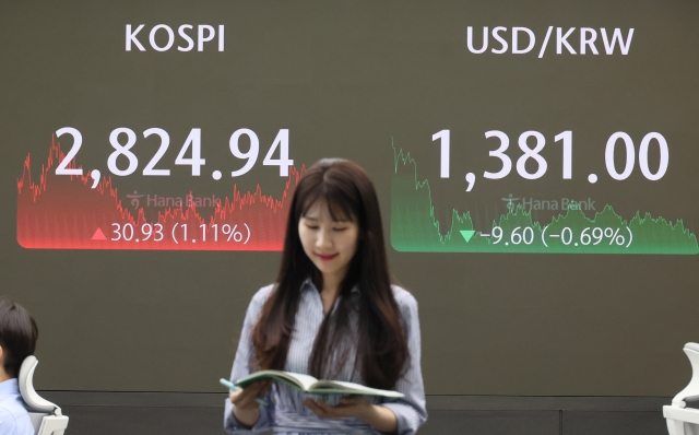 An electronic board showing the Korea Composite Stock Price Index at a dealing room of the Hana Bank headquarters in Seoul on Thursday. (Yonhap)