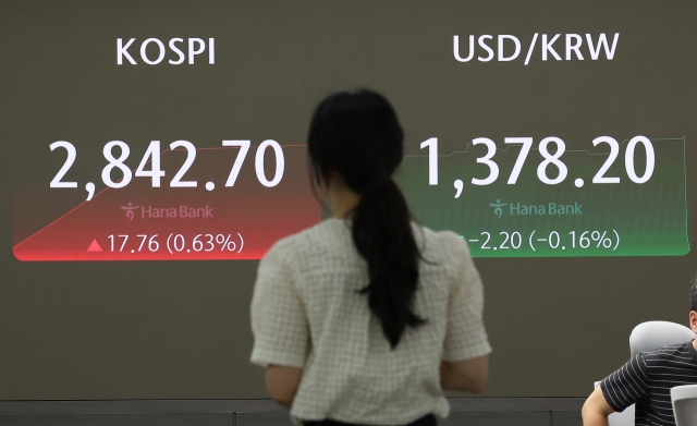 An electronic board showing the Korea Composite Stock Price Index at a dealing room of the Hana Bank headquarters in Seoul on Friday. (Yonhap)