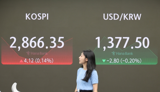 An electronic board showing the Korea Composite Stock Price Index at a dealing room of the Hana Bank headquarters in Seoul on Monday. (Yonhap)