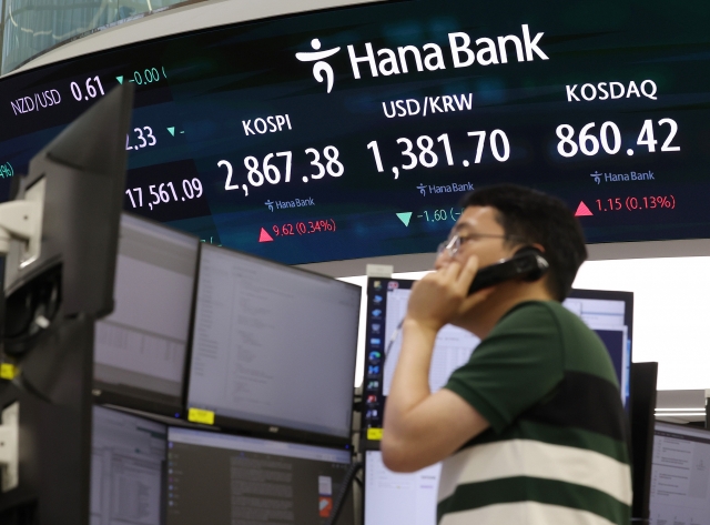 An electronic board showing the Korea Composite Stock Price Index at a dealing room of the Hana Bank headquarters in Seoul on Tuesday. (Yonhap)