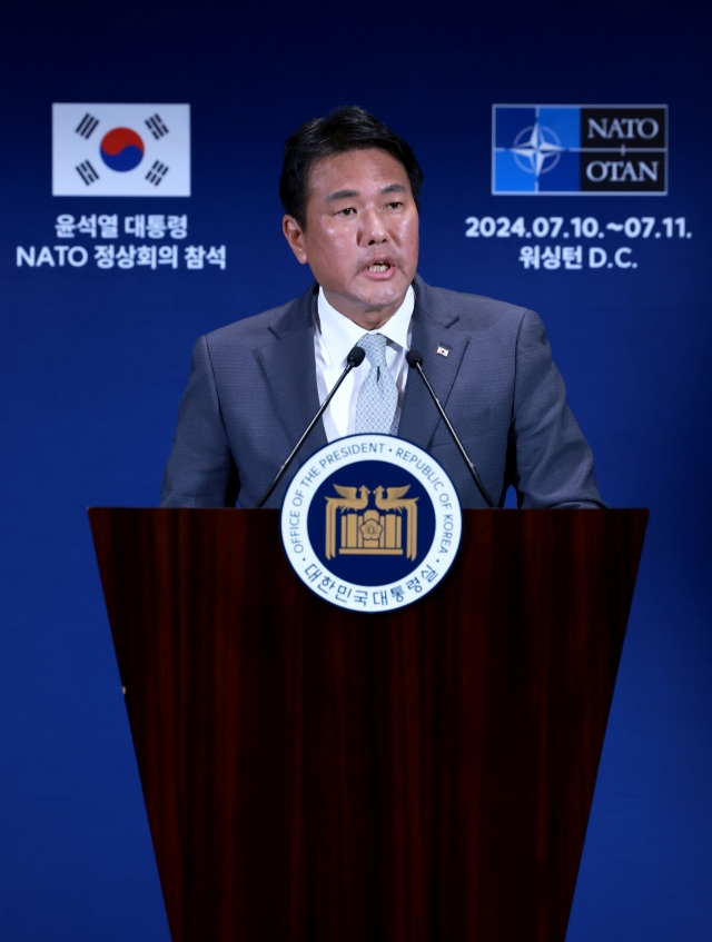 First deputy director of the National Security Office Kim Tae-hyo speaks during a briefing held in Washington on Wednesday. (Yonhap)