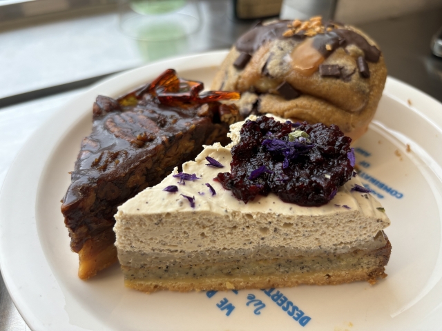 Clockwise from left: Original pecan pie, toffee nut mochi pie and blackberry milk tea pie (Kim Da-sol/The Korea Herald)