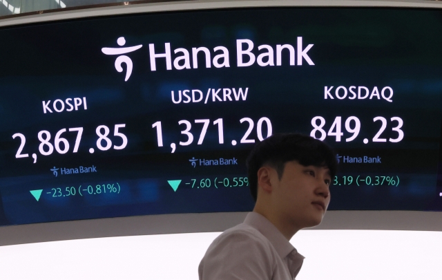 An electronic board showing the Korea Composite Stock Price Index at a dealing room of the Hana Bank headquarters in Seoul on Friday. (Yonhap)