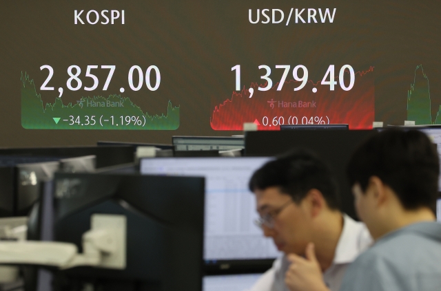 An electronic board showing the Korea Composite Stock Price Index at a dealing room of the Hana Bank headquarters in Seoul on Friday. (Yonhap)