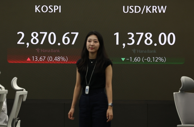 An electronic board showing the Korea Composite Stock Price Index at a dealing room of the Hana Bank headquarters in Seoul on Monday. (Yonhap)