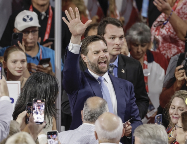 Vice presidential nominee Sen. JD Vance of Ohio arrives at the 2024 Republican National Convention at Fiserv Forum in Milwaukee, Wisconsin on Monday. UPI-Yonhap