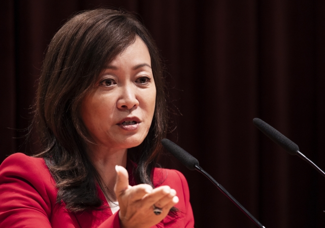 Sue Mi Terry, a Korean American expert on North Korea, speaks before a documentary film screening related to North Korean defectors held at the Ministry of Foreign Affairs in Seoul on Nov. 6, 2023. (Yonhap)