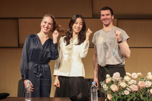 From left, ballet dancers Valentine Colasante, Park Se-eun and Paul Marque attend a press conference held at Seoul Arts Center, Wednesday. (Seoul Arts Center)