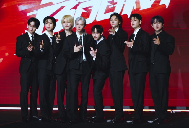 From left: Stray Kids members Lee Know, Han, I.N, Felix, Bang Chan, Hyunjin, Seungmin, and Changbin pose for a photo during a press conference held at the Conrad Seoul, Yeongdeungpo-gu, Seoul, Friday. (Kwon Min-seo/The Korea Herald)