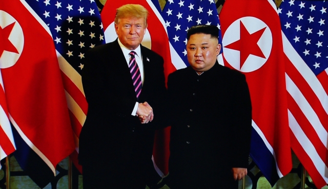 A handout photo of US President Donald Trump and North Korean leader Kim Jong-un during their second summit meeting at the Sofitel Legend Metropole hotel on February 27, 2019 in Hanoi, Vietnam. (GettyImages)