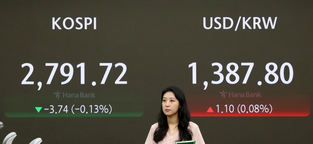 An electronic board showing the Korea Composite Stock Price Index at a dealing room of the Hana Bank headquarters in Seoul on Monday. (Yonhap)