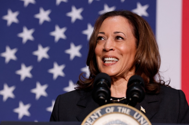 Vice President Kamala Harris speaks during a political event at the Air Zoo Aerospace & Science Experience in Portage, Michigan, on Wednesday. (AFP)