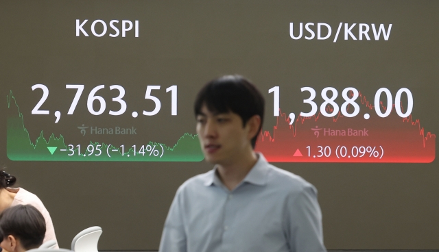 An electronic board showing the Korea Composite Stock Price Index at a dealing room of the Hana Bank headquarters in Seoul on Monday. (Yonhap)