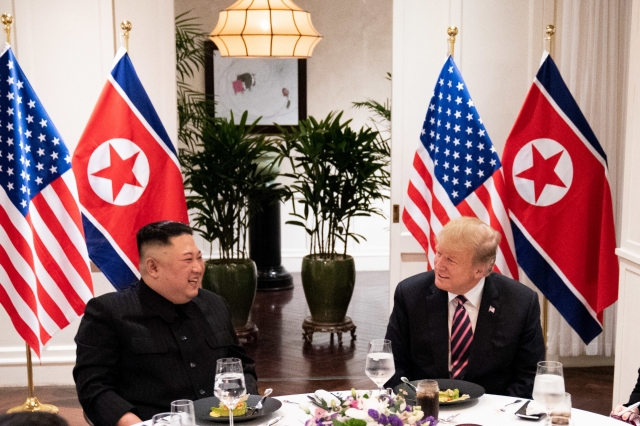 Then-US President Donald Trump and North Korean leader Kim Jong-un, meet for a social dinner on Feb. 27, 2019, at the Sofitel Legend Metropole hotel in Hanoi, for their second summit meeting. (White House)