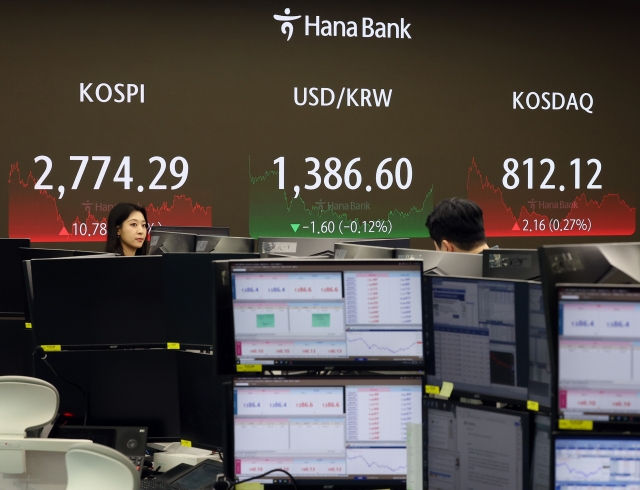 An electronic board showing the Korea Composite Stock Price Index at a dealing room of the Hana Bank headquarters in Seoul on Tuesday. (Yonhap)